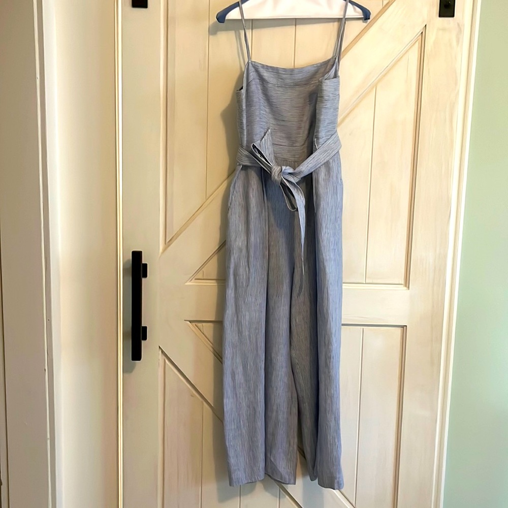 J Crew striped linen jumpsuit with belt
